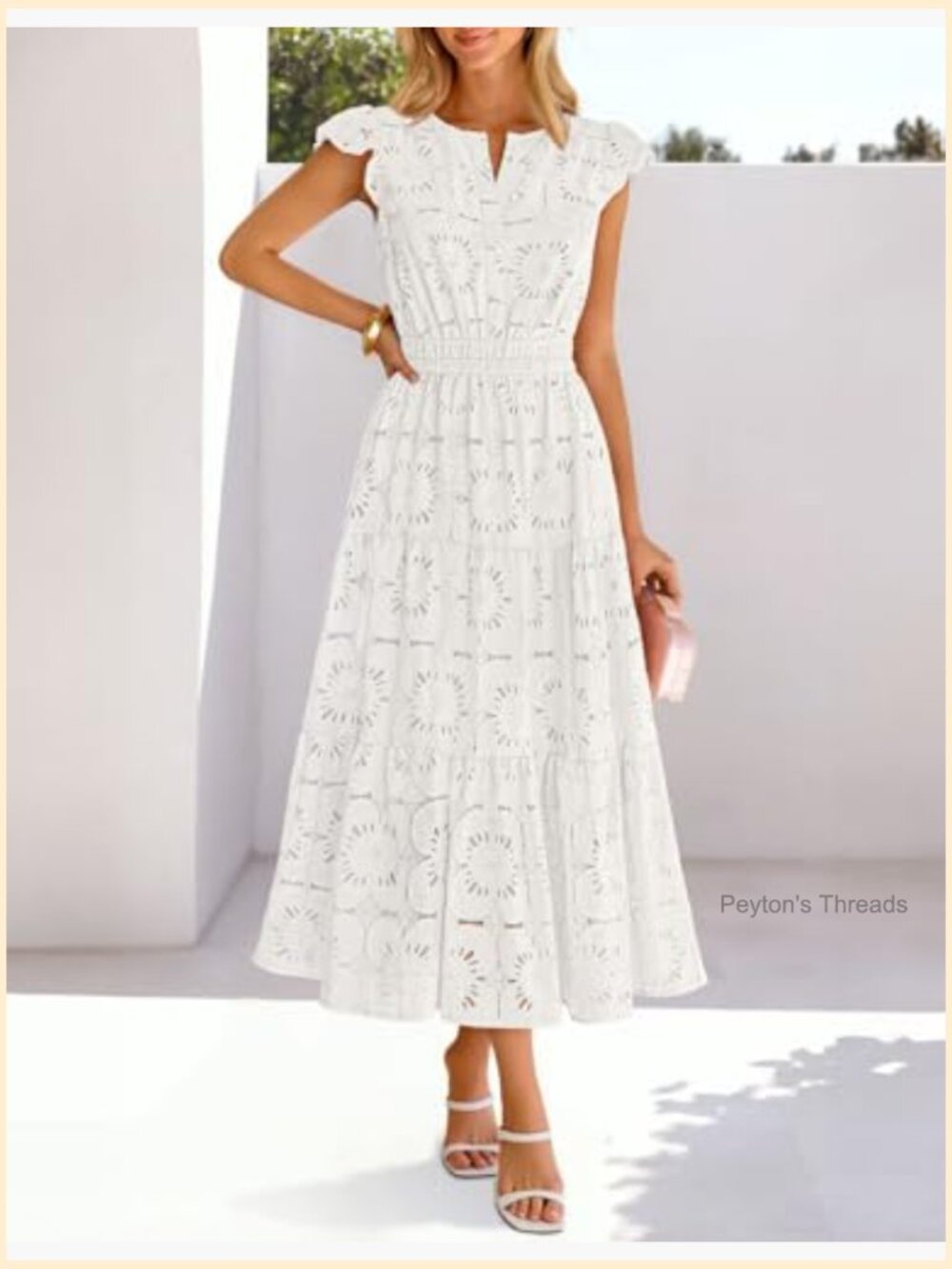 Flutter Sleeve Lace Eyelet Maxi Dress Tiered Boho Beach Vacation - Picture 2 of 7
